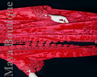 Scarlet Red Lace & Burnout Velvet Kimono Caftan Jacket Duster Maya Matazaro One size