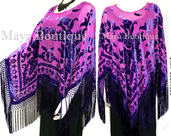 Silk Burnout Velvet Poncho Kimono Top Shawl Magenta & Purple Maya Matazaro
