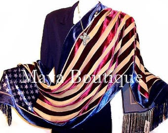 USA American Flag Scarf Shawl Fringed Wrap Silk Burnout Velvet Designed By Maya Matazaro