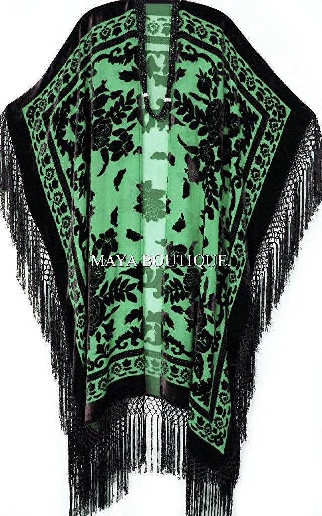 Caftan Duster Fringe Jacket Kimono Black Green Silk Burnout Velvet Maya ...
