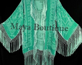Lucite Green Silk Burnout Velvet Fringe Jacket Short Kimono Maya Matazaro