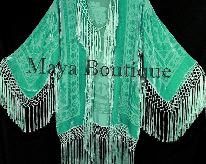 Lucite Green Silk Burnout Velvet Fringe Jacket Short Kimono Maya Matazaro