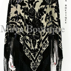 Beige & Schwarz Seide Burnout Samt Poncho Kimono Top Schal Maya Matazaro