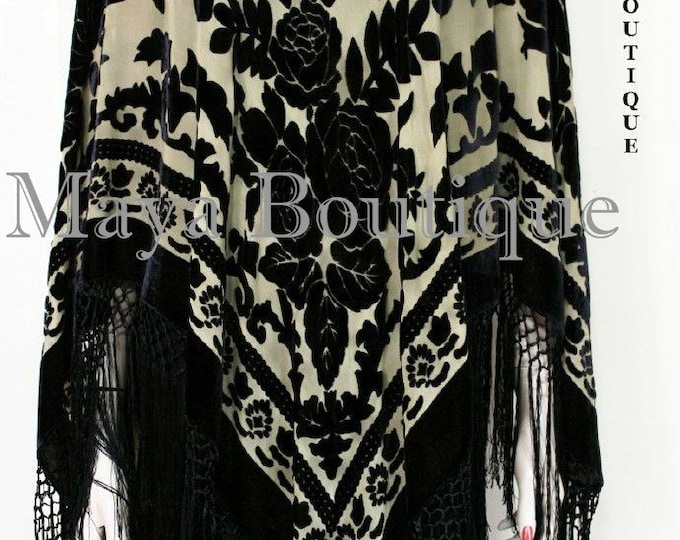 Beige & Black Silk Burnout Velvet Poncho Kimono Top Shawl Maya Matazaro