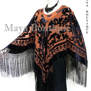 Tangerine & Schwarze Seide Burnout Samt Poncho Kimono Top Schal Maya Matazaro