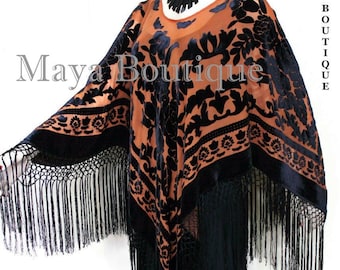 Tangerine & Black Silk Burnout Velvet Poncho Kimono Top Shawl Maya Matazaro