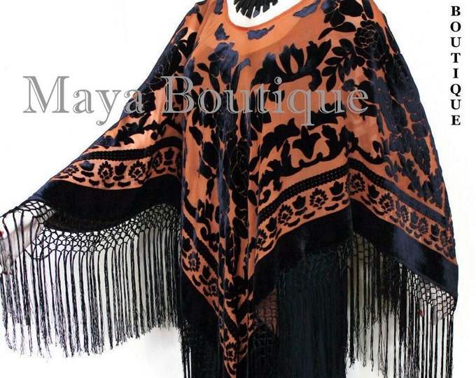 Tangerine & Black Silk Burnout Velvet Poncho Kimono Top Shawl Maya Matazaro