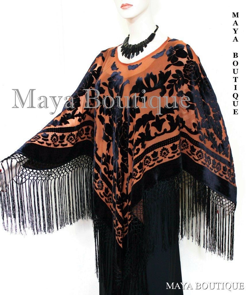 Ivory Maya Matazaro Silk Burnout Velvet Poncho Top Piano Shawl Fringed Wrap 