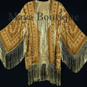Wearable Art Antique Gold Silk Burnout Velvet Fringe Jacket Short Kimono Maya Matazaro
