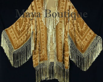Wearable Art Antique Gold Silk Burnout Velvet Fringe Jacket Short Kimono Maya Matazaro