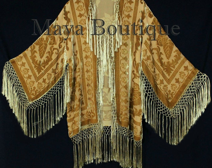 Wearable Art Antique Gold Silk Burnout Velvet Fringe Jacket Short Kimono Maya Matazaro