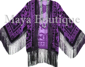 Dark Purple Fringe Jacket Burnout Velvet Kimono Short Flapper Maya Matazaro