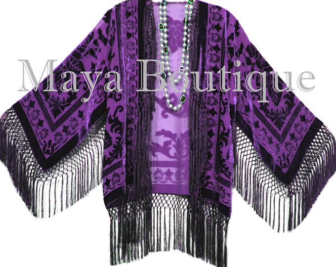 Dark Purple Fringe Jacket Burnout Velvet Kimono Short Flapper Maya Matazaro