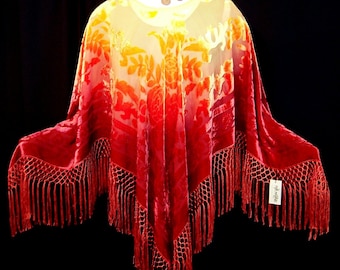 Silk burnout velvet Poncho Shawl Top Red and Gold Hand Dyed by Maya