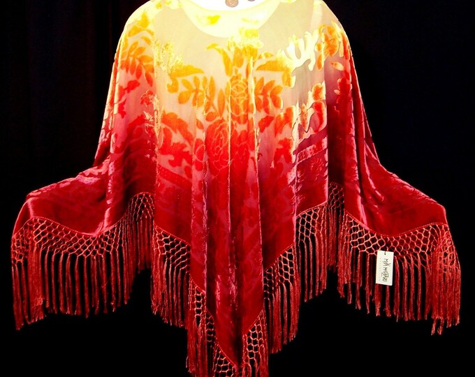 Silk burnout velvet Poncho Shawl Top Red and Gold Hand Dyed by Maya