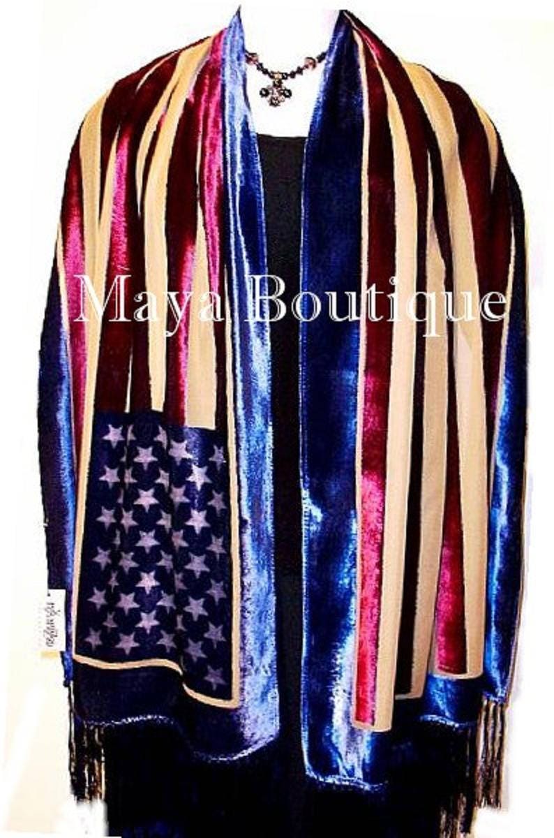 USA American Flag Scarf Shawl Fringed Wrap Silk Burnout Velvet Designed ...