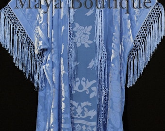 Serenity Blue Fringe Jacket Kimono Duster Silk Burnout Velvet Maya Matazaro Plus