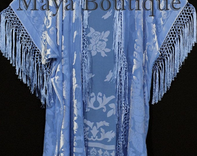 Serenity Blue Fringe Jacket Kimono Duster Silk Burnout Velvet Maya Matazaro Plus