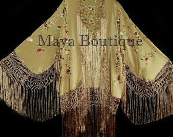 Embroidered Silk Fringe Jacket Kimono Maya Matazaro Wheat Multi Maya