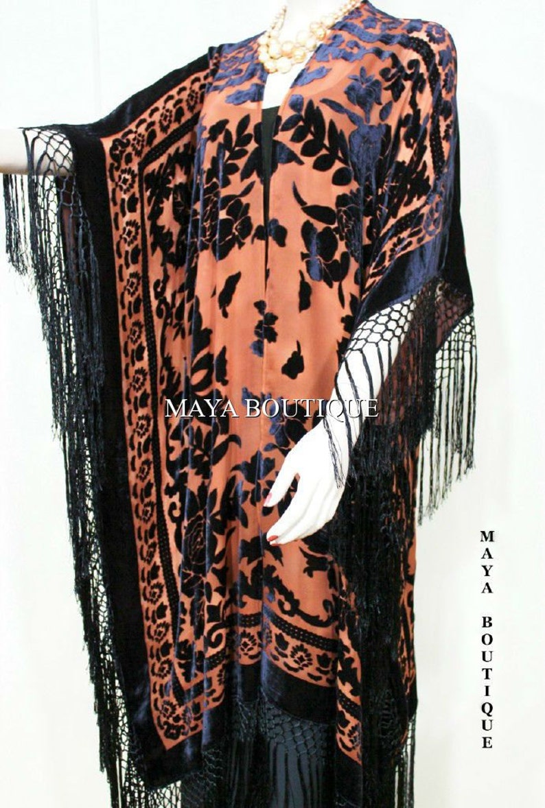 Caftan Duster Fringe Jacket Kimono Tangerine & Black Silk | Etsy