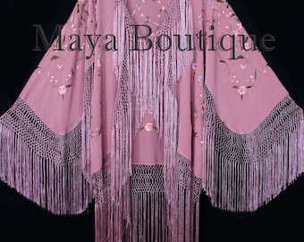 Embroidered Silk Fringe Jacket Kimono Strawberry Ice Multi Birds Flower Maya