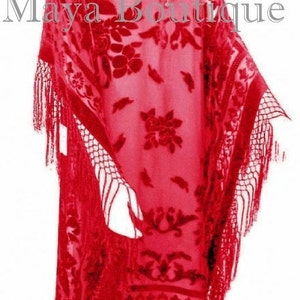 May include: Red velvet shawl with floral embroidery and fringe. The shawl is sheer and has a delicate, feminine look.