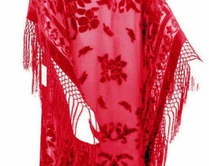 Scarlet Red Silk Burnout Velvet Caftan Dress Duster Kimono Fringe Maya Matazaro