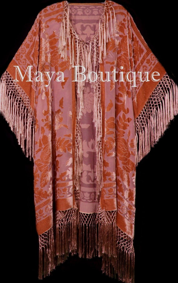 Jacket Papaya Plus Matazaro Burnout Etsy - Velvet Kimono Fringe Maya Silk Duster Orange