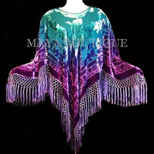 Purple Aqua Hand Dyed Poncho Shawl Top Silk Velvet Wearable Art Maya Matazaro