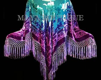 Purple Aqua Hand Dyed Poncho Shawl Top Silk Velvet Wearable Art Maya Matazaro