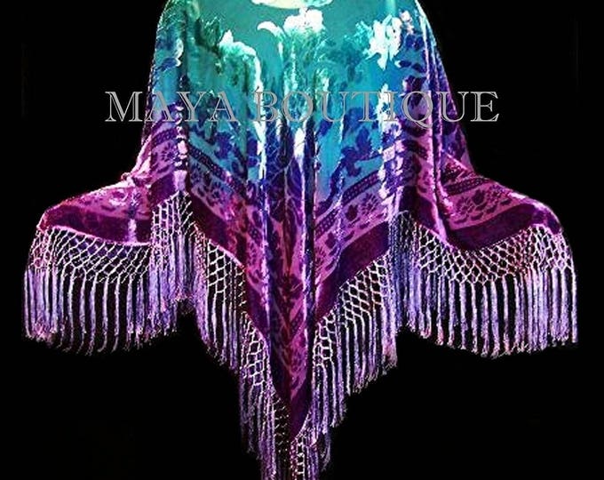 Purple Aqua Hand Dyed Poncho Shawl Top Silk Velvet Wearable Art Maya Matazaro
