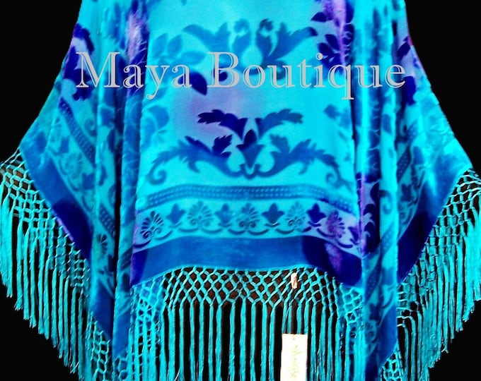 WEARABLE ART Blue Turquoise Burnout Velvet Poncho Shawl Fringe Top Maya Matazaro One Size