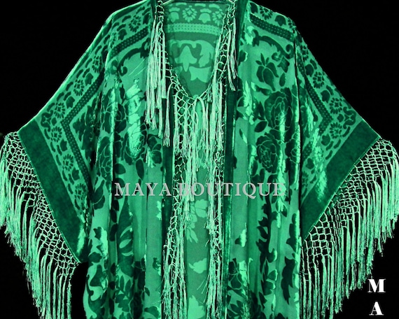 Emerald Green Silk Burnout Velvet Fringe Jacket Short Kimono Maya Matazaro Emerald Green Silk Burnout Velvet Fringe Jacket Short Kimono Maya Matazaro