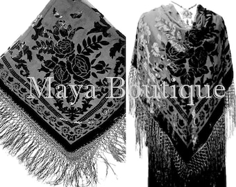 Maya Matazaro Black Wrap Scarf Piano Shawl Silk Burnout Velvet Square Fringed