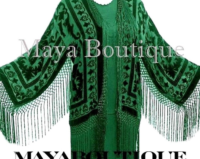 Emerald Green Silk Burnout Velvet Fringe Jacket Short Kimono Maya Matazaro