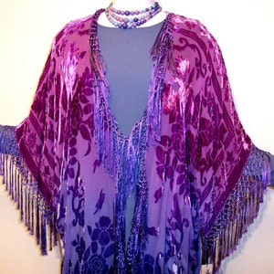 Hand Dyed Kimono Fringe Jacket Duster Burnout Silk Velvet Magenta Purple