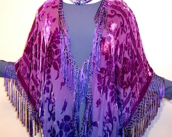 Hand Dyed Kimono Fringe Jacket Duster Burnout Silk Velvet Magenta Purple