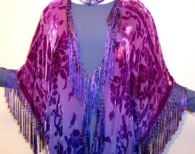 Hand Dyed Kimono Fringe Jacket Duster Burnout Silk Velvet Magenta Purple