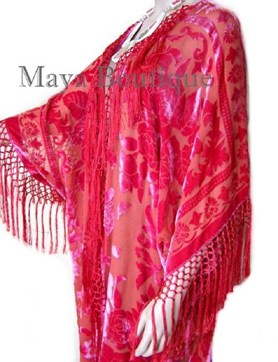 Coral Fringe Jacket Kimono Duster Silk Burnout Velvet Maya Matazaro Plus -  Etsy