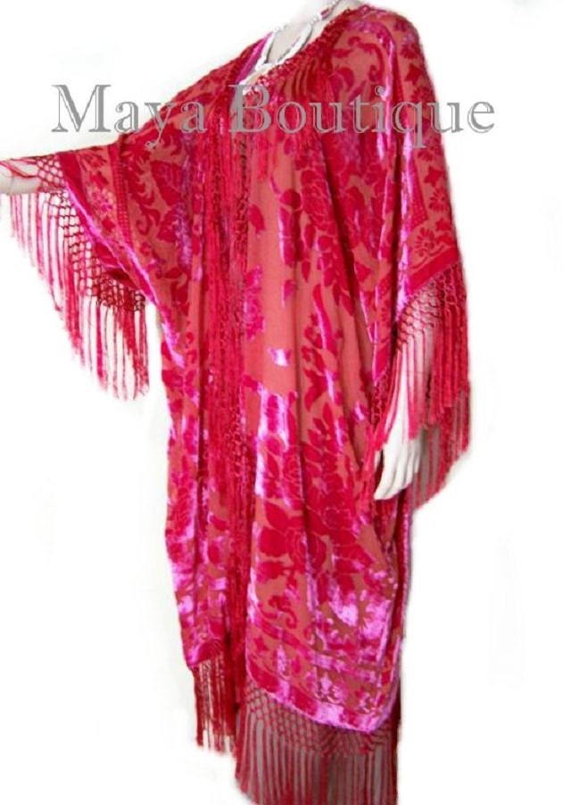 Coral Fringe Jacket Kimono Duster Silk Burnout Velvet Maya Matazaro Plus -  Etsy