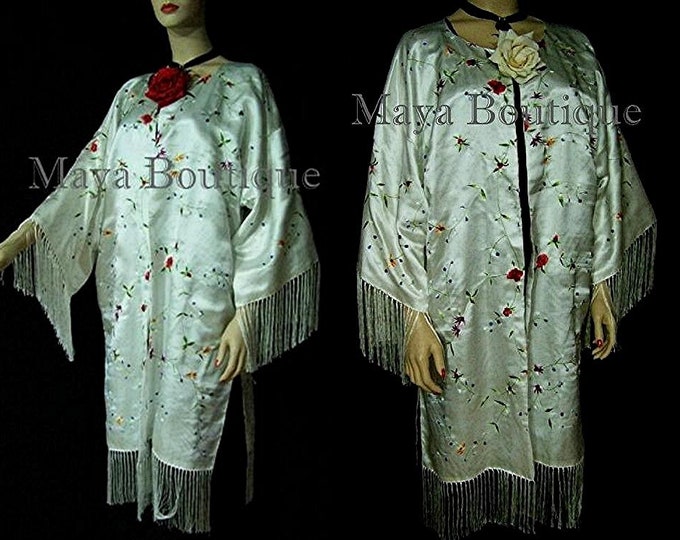 White Silk Kimono Duster Coat Kimono All Embroidered & Lined Maya Matazaro