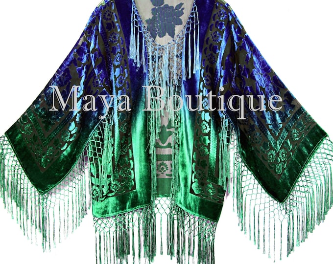 Maya Matazaro Art to Wear Burnout Velvet Kimono Jacket Hand Dyed Green Blue