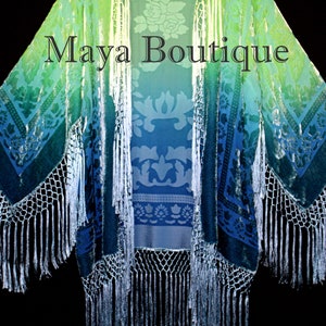 Burnout Velvet Silk Fringe Jacket Kimono Hand dyed Green Teal Maya Wearable Art