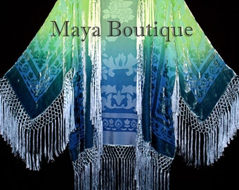 Burnout Velvet Silk Fringe Jacket Kimono Hand dyed Green Teal Maya Wearable Art