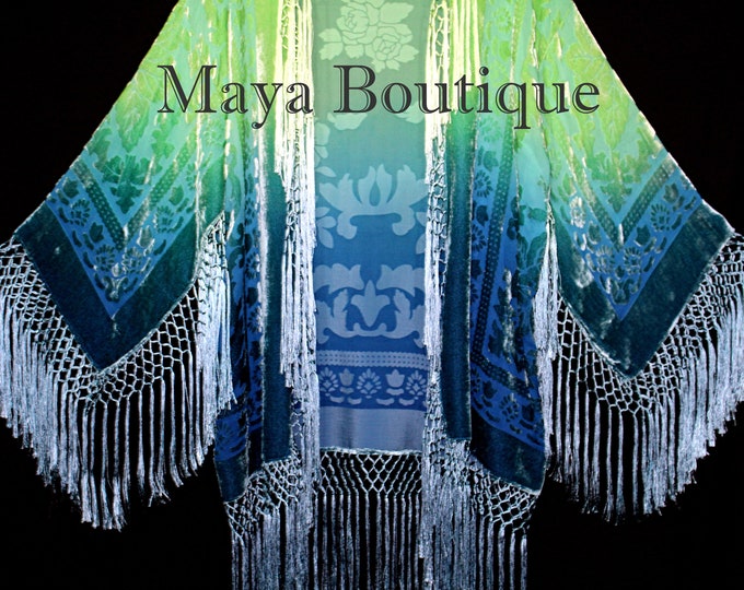 Burnout Velvet Silk Fringe Jacket Kimono Hand dyed Green Teal Maya Wearable Art