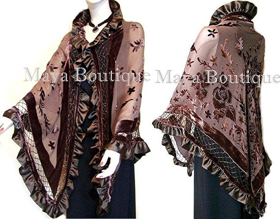 Chocolate Brown Shawl Wrap Scarf Burnout Velvet Art Nouveau Oblong Maya Matazaro