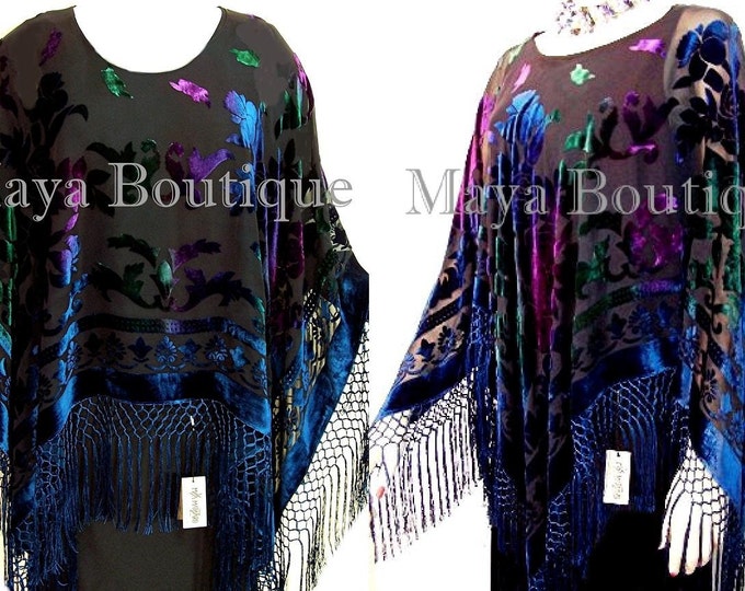 Tye Dye Teal Blue Multi Burnout Velvet Poncho Shawl Fringe Top Maya Matazaro One Size