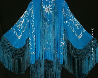 Embroidered Silk Fringe Jacket Kimono Teal & Gray Short Maya Matazaro