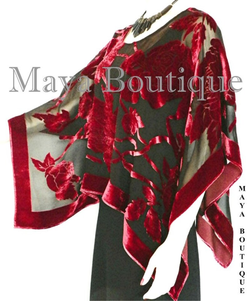 Silk Burnout Velvet Poncho Kimono Top Ruby Red & Black No - Etsy