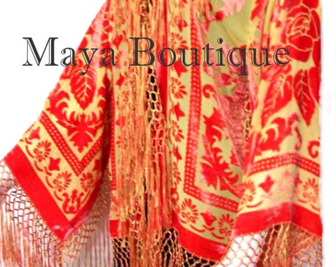 Orange & Gold Burnout Velvet Silk Fringe Jacket Kimono Short Maya Matazaro